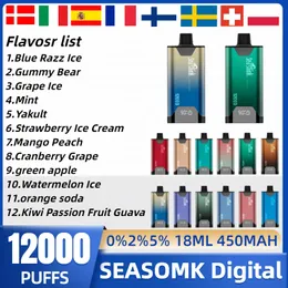 SEASOMK Digital puff 12000 Vape descartável 1.1mesh coil Tipo-c dispositivo de cigarro eletrônico 12 sabores 450mah Bateria 18ml capacidade pod vape pen 0% 2% 5% puff bar vs BANG BOX 12k