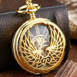 Pocket Watches Luxury Golden Love Wings Mechanical Pocket Watch Men Women Fob Chain Unique Hollow Design Skeleton Double Side Hand Winds 231208