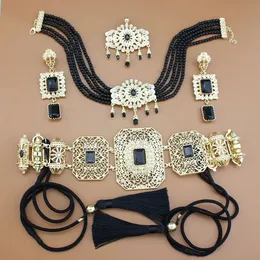 Bröllop smycken set sunspicems guldfärg arabiska kvinnor smycken set marocko kaftan bälte rep tassels pärlor choker halsband kristall örhänge brosch 231208