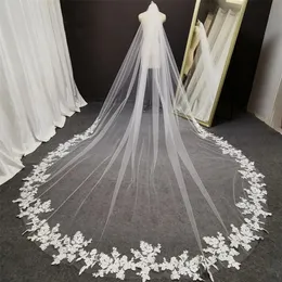 Jóias de cabelo de casamento longo laço véu de casamento 3d bordado flor longo branco estilo catedral véu de noiva pente acessórios de casamento headwear nupcial 231208