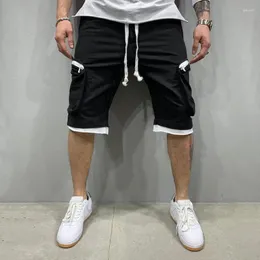 Shorts masculino casual cintura média calça curta carga sólida emenda bolsos cordão moda cor solta calças grossas