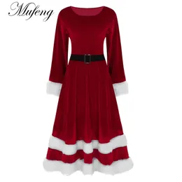 Podstawowe sukienki swobodne damskie panie w rozmiarze aksamitne miarki na szyję długie rękawy Mrs Santa Claus Costume Doross Christmas Fancy Sukienka 231208