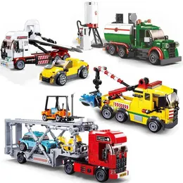 City Garage Transport Blocks Building Carrier Repare Reparo Veículo Tanque de óleo Caminhão MOC Modelo Educacional Brick Kids Toys Presente