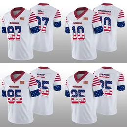 San Francisco''49ers''Men 85 George Kittle 25 Richard Sherman 97 Nick Bosa Mulheres Juventude Branco Camisa do Dia da Independência