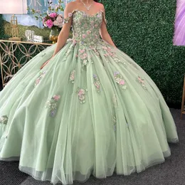 Sage Green Green Lamin Ball Dress Quinceanera Dress 2024 Flower Flowers Off Toulder Sweet 15 16 Years Vestidos de 15 XV Anos