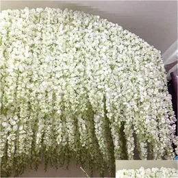 Decorative Flowers & Wreaths 120Cm Long Wisteria Vine Rattan Flowers For Wedding Arch Party Decoration White Artificial Flores Garland Dh7Xc