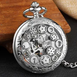 Orologi da tasca Orologio da tasca meccanico a carica manuale in argento vintage da uomo con ingranaggio cavo Collana con orologio da taschino scheletro Steampunk a doppia faccia con catena 231208