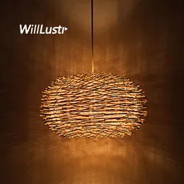 WillLust Wicker Pendant Lamp Handmased Bird Nest Suspension Light El Restaurant Mall Bar Lounge Porch Rattan Hanging Chandelier267J