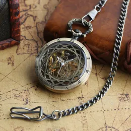 Zegarki kieszonkowe Przezroczyste brąz/czarny szkielet ręczne mechaniczne zegarki kieszonkowe z wiszącym łańcuchem kręta
