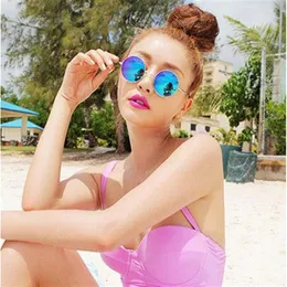 2021 UV400 Женщины красочные отражающие покрытие линза солнцезащитные очки круглый металлическая рама солнцезащитные очки 9colors 10pcs lot210f