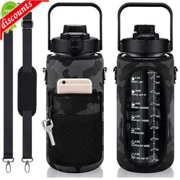 Upgrade 2L 64OZ Half Gallon Water Bottle with Sleeve Motivational Water Bottle with Straw Time Marker Leakproof Sport Water Jug