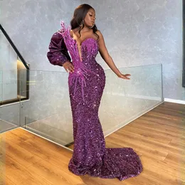 Mermaid Grape Aso Ebi Prom Dresses One Shoulder Long Sleeves Sequined Illusion Evening Dress Beaded Birthday Party Gowns Second Reception Gown for Black Women ST620