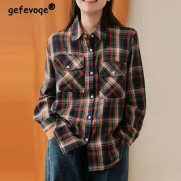 Bluzki damskie Koszule Nowa jesień zima Vintage Plaid Button Up koszula dla kobiet koreańskie swobodne luźne luźne bawełniane bluzka bluzka Blusas ubrania YQ231209
