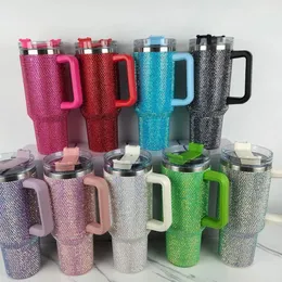 Garrafas de água 40 onças copo de diamante com alça caneca isolada com tampas de palha de aço inoxidável café termos copo no carro frascos de vácuo garrafa 231208