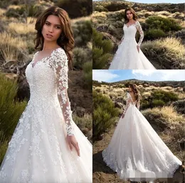 Modest Long Sleeves A Line Wedding Dresses V Neck Lace Appliqued Sweep Train Plus Size Wedding Bride Gown vestido de novia