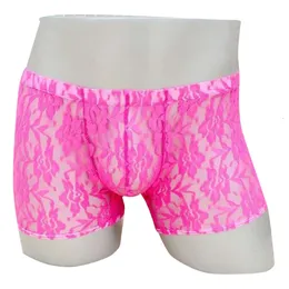 Sexy gay masculino lingerie pura renda boxer shorts rosa flores cueca para homem calcinha com protuberância bolsa jockstrap