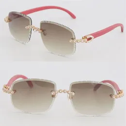 Venta de diseñador Moissanite Diamond Set Gafas de sol sin montura Mujer Madera roja Hombres gafas Forma ovalada Cara Lente tallada Piedras grandes Vint232f