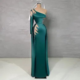 Designer Beaded Prom Dresses With Detachable Train Sheath Evening Gowns One Shoulder Neckline Long Sleeve Special Occasion Satin Formal Wear
