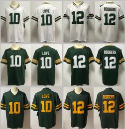 10 Love Stitched Football Jerseys 12 Aaron Rodgers Homens Mulheres Juventude S-3XL Verde Branco Home Away Jersey