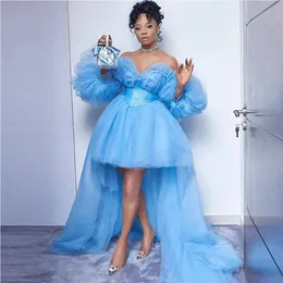 High Low Prom Dresses 2024 Off the Shoulder Puffy Sleeve Asymmetrical Party Gown Sky Blue Tulle Front Short Back Long Ball Gown Vestidos De Fiesta