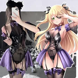 Anime Kostümler Genshin Etki Fischl Cosplay Cadılar Bayramı Hizmetçisi Elbise Nightwear Lolita Kızlar Sırtsız Yular Lateks Deri Bodysuit Lingerie Set 231208