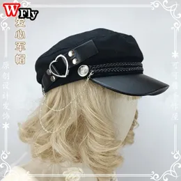 Berets Japanese Handmade Gothic Lolita Beret Military Cap Harajuku women Girl Punk Hip hop metal heart chain Hat beret decorate 231208