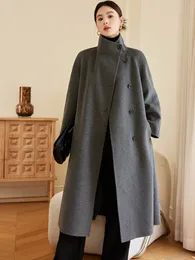 Korean silhouette double-sided wool coat for women's autumn and winter new stand up collar tie up long temperament woolen coat