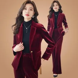 Women's Two Piece Pant's AutumnWinter Golden Velvet Professional Suit Jacket Matching Set Korean Elegant Casual Blazers Pants 231208