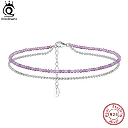 Anklets ORSA JEWELS Layered Ball Chain Amethyst 925 Silver Adjuatable Women Anklet Bracelet Summer Barefoot Jewelry SA45 231208