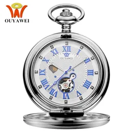 Pocket Watches Luxury Brand Ouyawei Mechanical Pocket Watch Men Full Steel Case Pocket FOB Watch Analog Silver White Dial Vintage Male Clock 231208