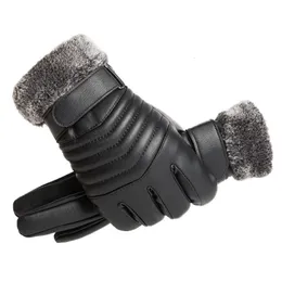 Guantes de cinco dedos Guantes cálidos de invierno para hombre Guantes de invierno de cuero de PU Manoplas Pantalla táctil gruesa para hombre Guantes de motocicleta para bicicleta impermeables a prueba de viento 231208