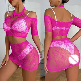 Ladies Sexy Mesh Hollow Out See Through Underwear Costumes Erotic Fishnet Transparent Bodycon Mini Dress Party Club Outfits
