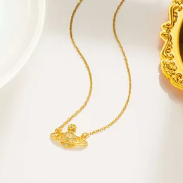 Designer high quality New Sier Full Diamond Saturn Hollowed Out Necklace of Empress Dowager Tiktok Kwai Live Broadcast