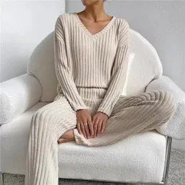 Women's Sleep Lounge Autumn Winter Women Pyjamas V Neck Pullover Trousers 2 Piece Set Knitting Solid Color Sexig Casual Fashion Temperament Set 231208