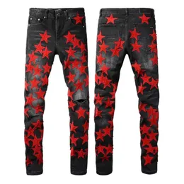 Designer Designer Amirs Najwyższej jakości męskie dżinsy dla facetów Slim Fit Pantny Pants Orange Star Patches w motocyklistach motocyklowych