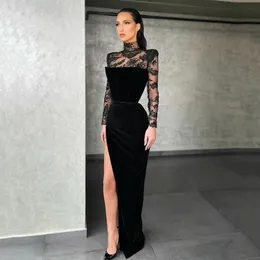 Urban Sexy Dresses SHINY Customized Women s Black Beautiful Lace Long Sleeve High Neck Waist Side Split Fleece Evening Dress Ball Party 231208