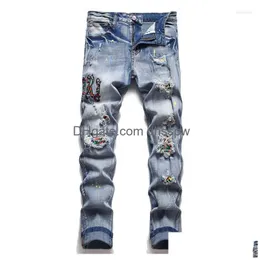 Men'S Jeans Mens Ripped Hip Hop Holes Casual Pants Washed Streetwear Harakuju Denim Trousers For Male Slim Fit Embroidery Drop Deliv Dha4K