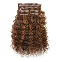 Estensioni per capelli clip-in ondulati senza cuciture praticamente non rilevabili, evidenziati castano ramato leggero durevole flessibile 7 pezzi 120 g/confezione