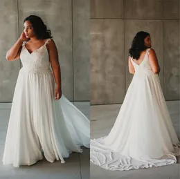 Chic Plus Size Wedding Dresses Straps A Line Lace Appliques Beads Sweep Train Chiffon Country Wedding Dress Button Back Beach Bridal Gowns