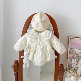 Macacões Ins Coreano Inverno Bebê Meninas Macacões Lapela Sólida Mais Veludo Grosso Nascido Meninas Bodysuits Quente Infantil Meninas Princesa Onesies 231208