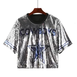 Suéteres femininos verão de alta qualidade manga curta solta geometria carta desgaste lantejoulas streetwear night club hip hop camiseta reta 231208