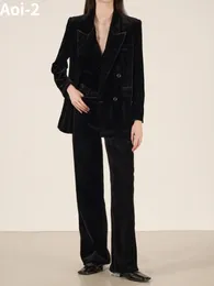 Women's Two Piece Pants Vintage Elegant Black Velvet Suit 2023 FallWinter Blazer CoatSlimFit VestStraight Fashion 3Piece Set 231208