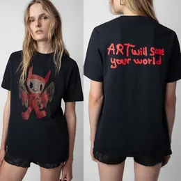 Kadın T-Shirt Zadig Voltaire Yeni Kadın Tasarımcı Tişört İnce Klasik Stil Ön Bebek Sıcak Elmas Arka Mektup Baskı Pamuk Siyah Sıradan Kısa Kollu Tee Polos Üstleri ZV