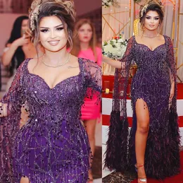 2023 Nov Aso Ebi Arabic Purple Purple Motmaid Mother of The Bride Dresses Sequined Кружевные перо Вечернее выпускное вечера