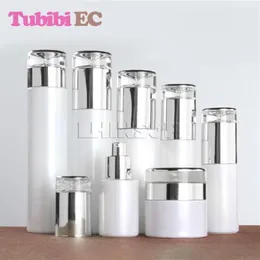 5st Pearl White Glass Silver Cover Spray Lotion Press Pump Bottles Cream Burkar High-klass Kosmetiska förpackningsbehållare1261Z