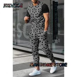 Men's Tracksuits Summer Man Trousers Geometry Printed Short Sleeve T ShirtLong Pants 2 Piece Sets Casual Trend Oversized Men Tracksuits Clothing 231208