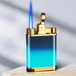 Надувная бутановая зажигалка с нажатием одной кнопки, чтобы зажечь металл синего пламени, ветрозащитная, без газовых зажигалок для сигарного дыма, подарок