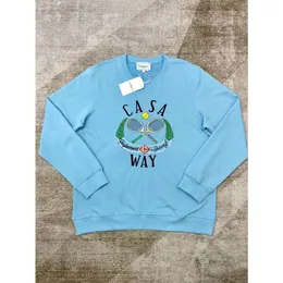 카사 블랑카 테니스 카사 웨이 스웨트 셔츠 줄 문자 인쇄 남자와 여자 스웨터 블루 라운드 넥 headie casablanc tops