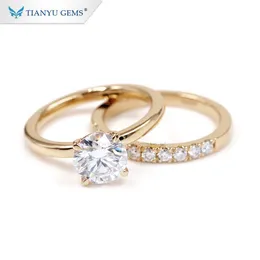 Tianyu Fine Jewelry Custom 585 750 حقيقية صفراء صفراء الذهب Mossanite الزفاف solitaire moissanite خاتم الخطوبة مجموعة للنساء