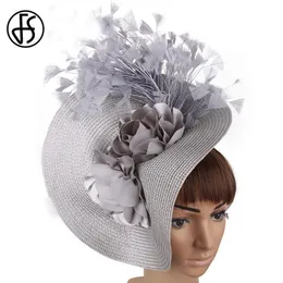 FS Nachahmung Stroh Big Derby Fascinator Hut Für Hochzeit Frauen Weiße Blume Kopfschmuck Stirnband Phantasie Feder Rennen Haar Zubehör 22541